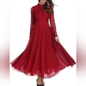 Red Roiii Long Dress with Lace Sleeves, L